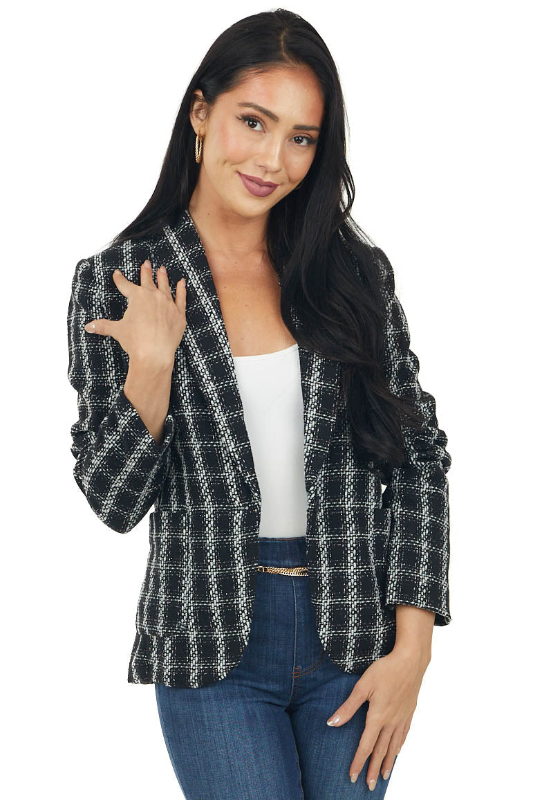 Black Plaid Metallic Threaded Long Sleeve Blazer