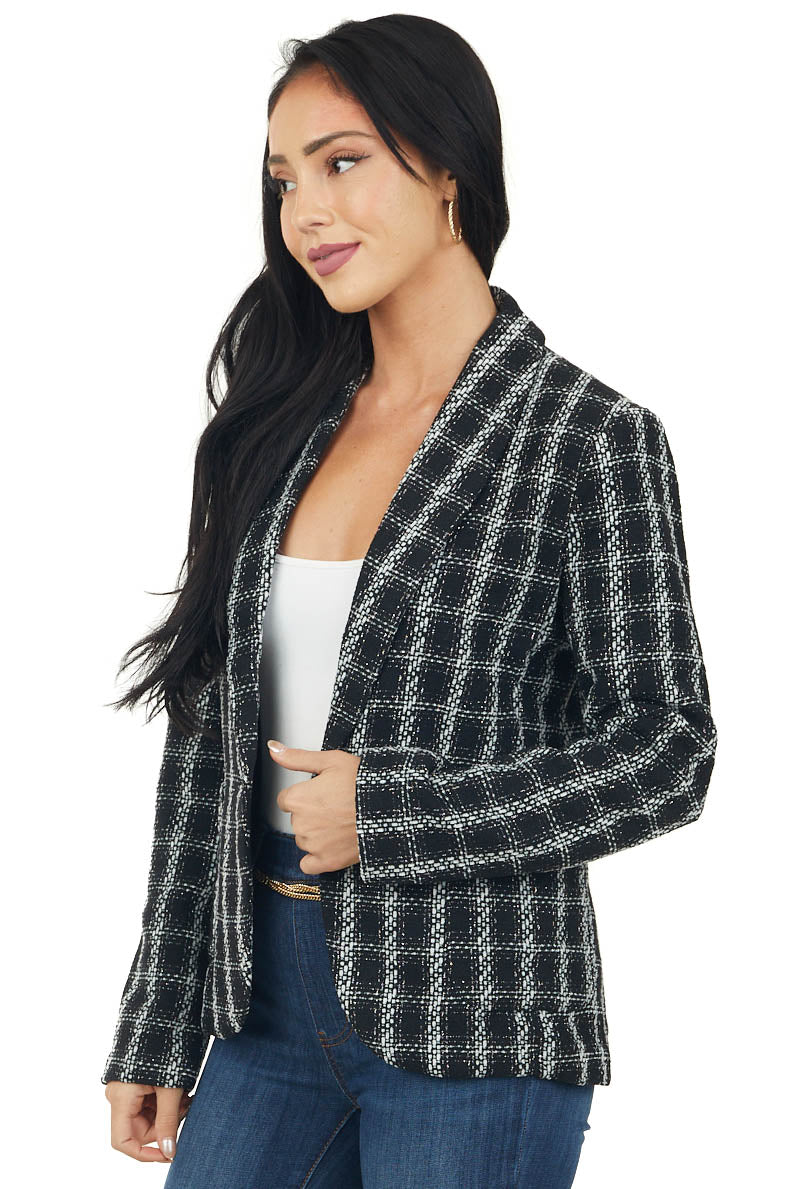 Black Plaid Metallic Threaded Long Sleeve Blazer