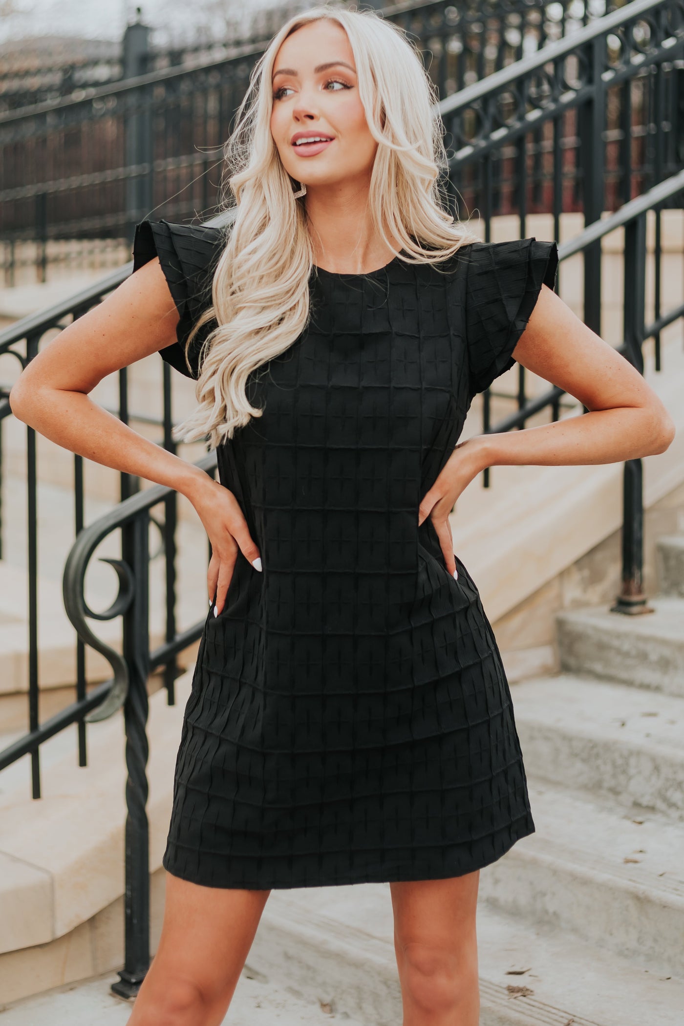 Black Plaid Textured Tiered Sleeve Shift Dress