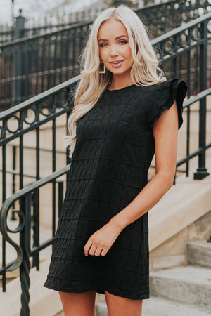 Black Plaid Textured Tiered Sleeve Shift Dress