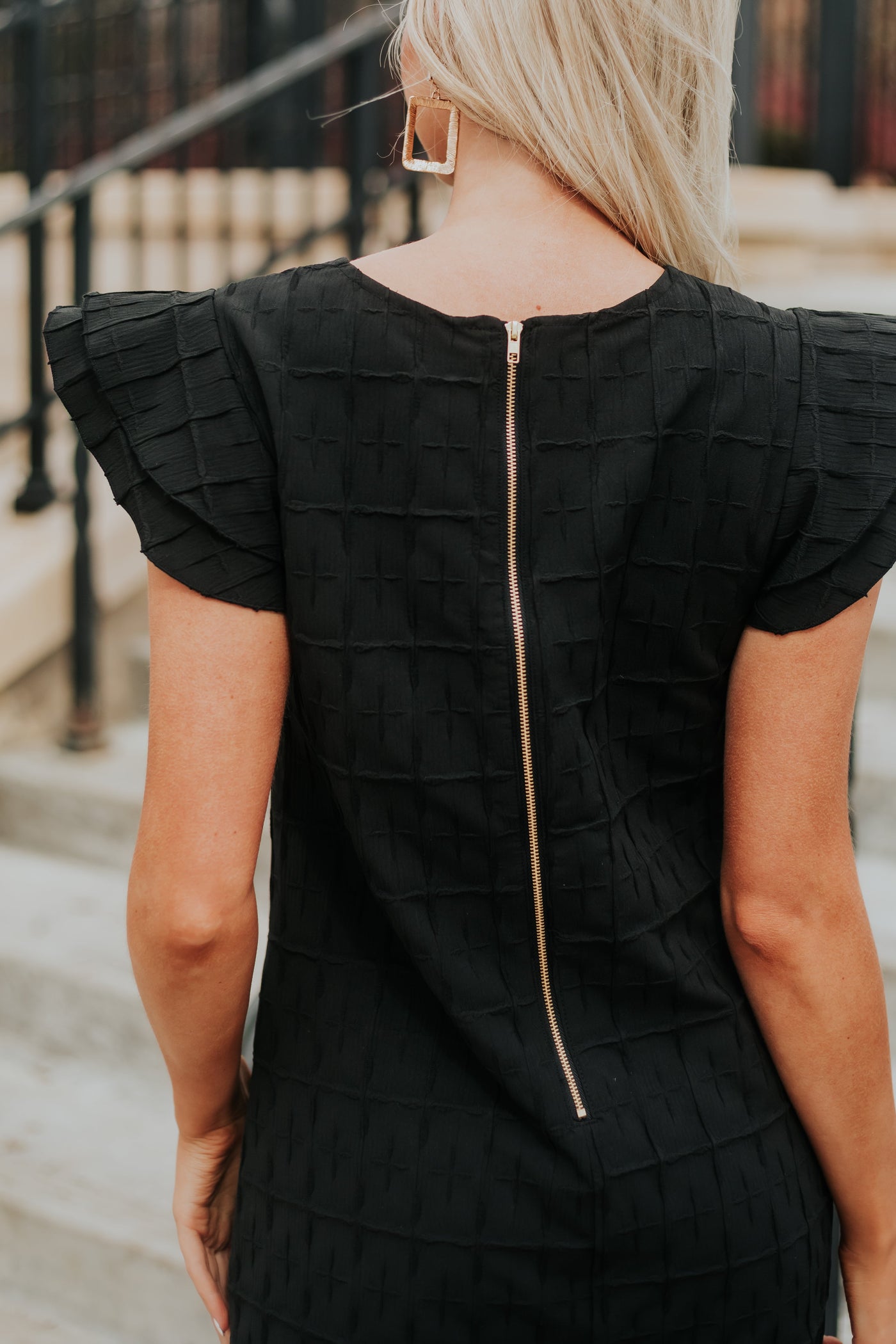 Black Plaid Textured Tiered Sleeve Shift Dress