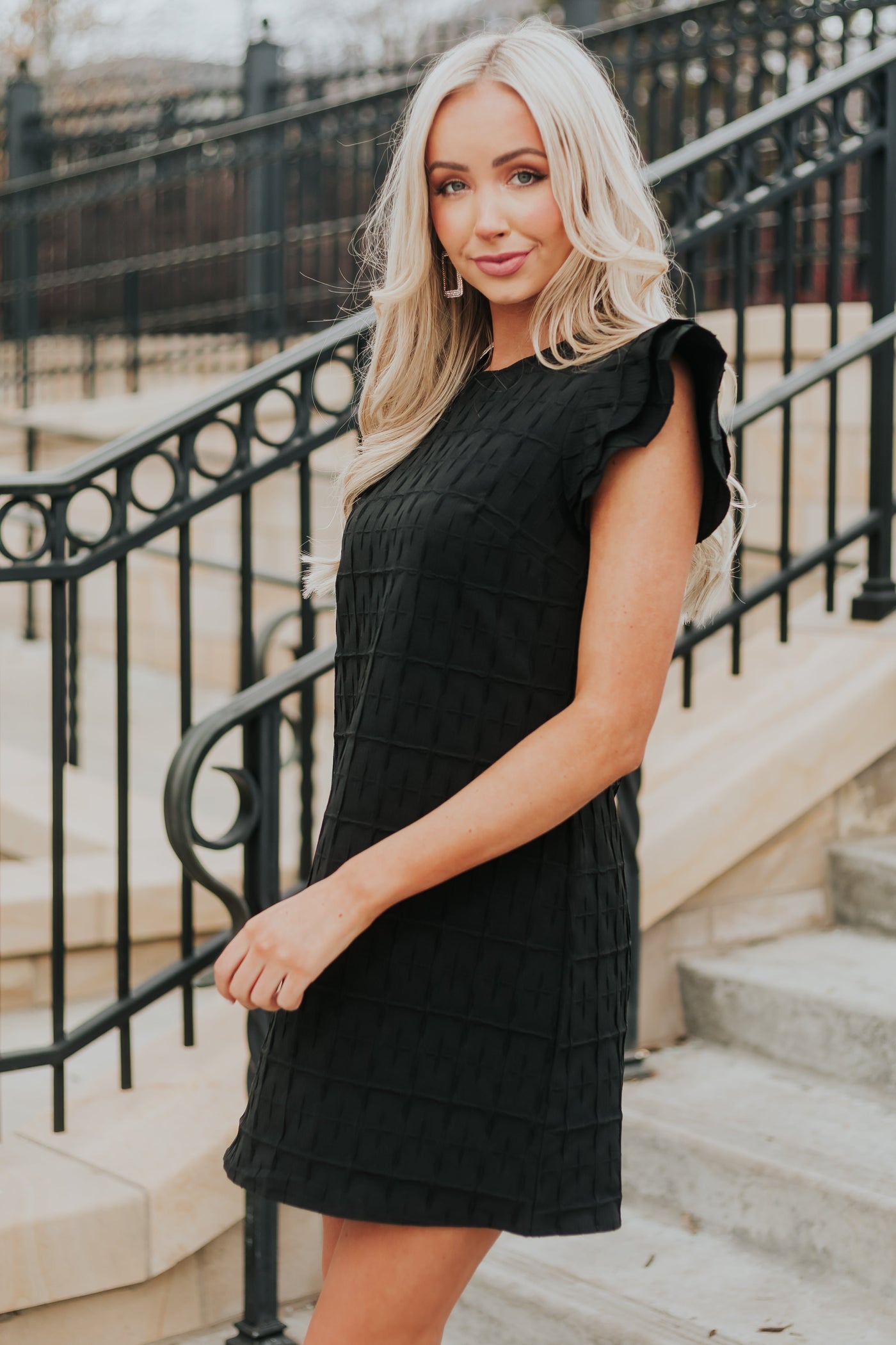 Black Plaid Textured Tiered Sleeve Shift Dress