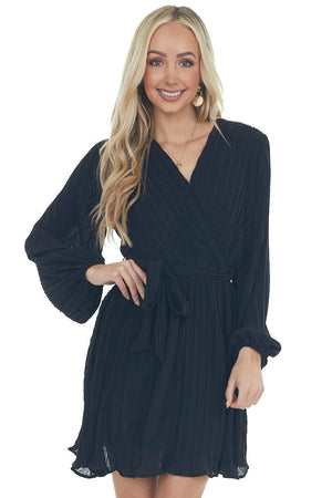 Black Pleated Surplice Neck Waist Tie Dress