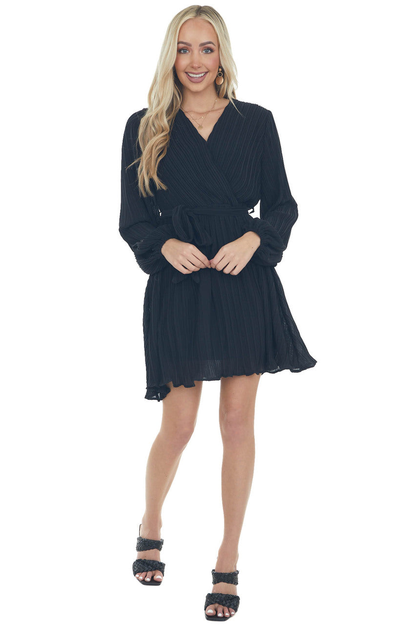 Black Pleated Surplice Neck Waist Tie Dress