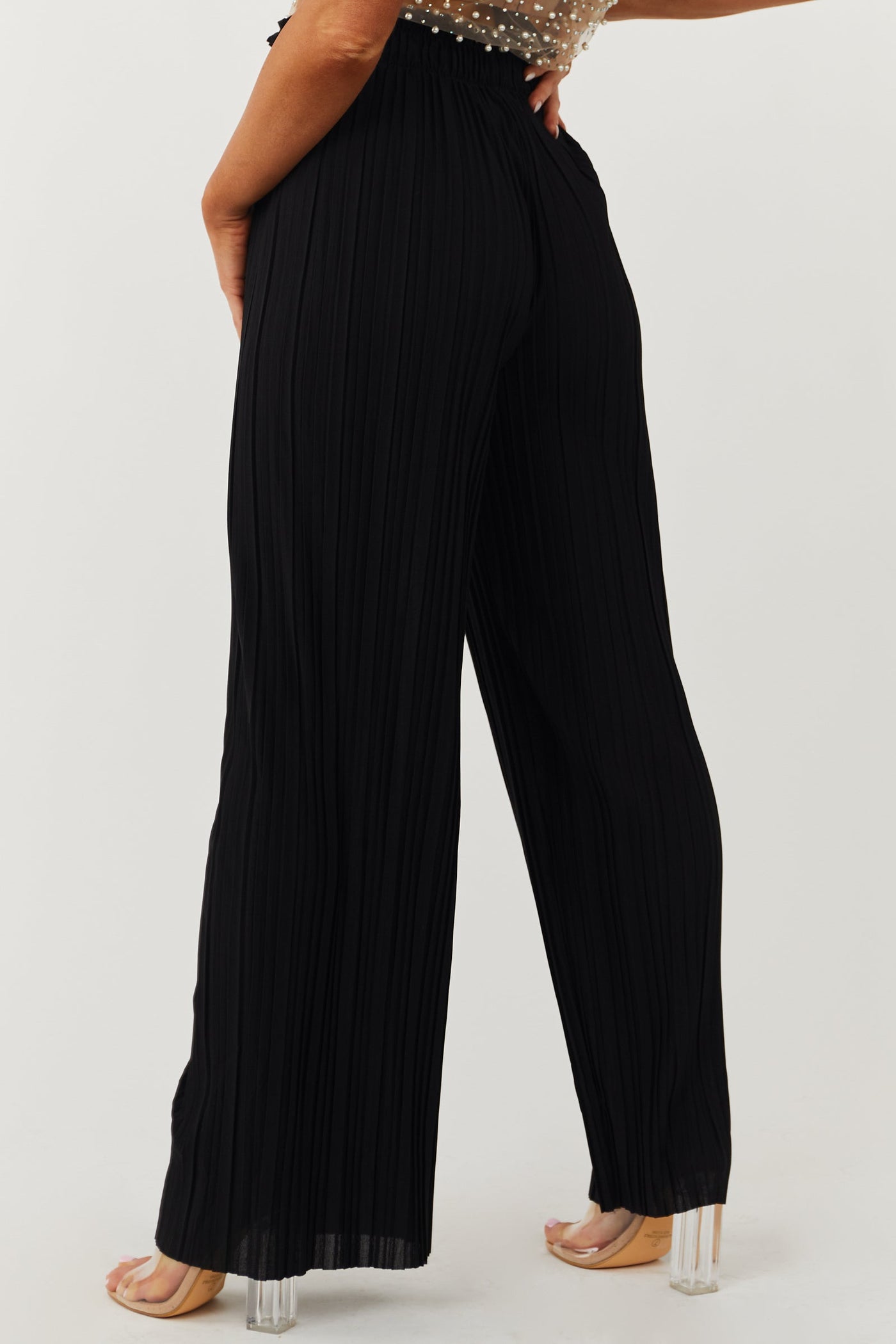 Black Pleated Wide Leg Waist Tie Pants