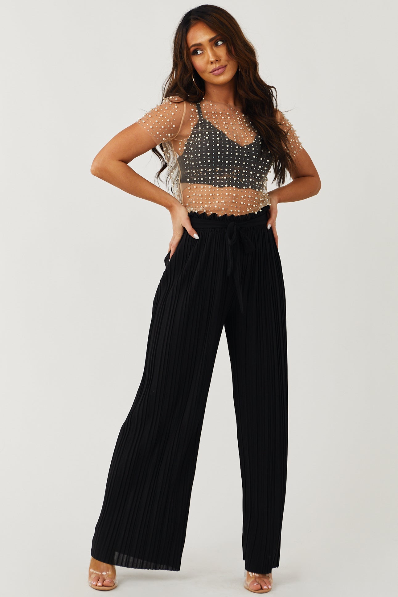 Black Pleated Wide Leg Waist Tie Pants