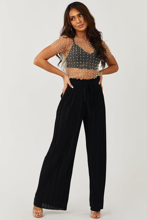Black Pleated Wide Leg Waist Tie Pants