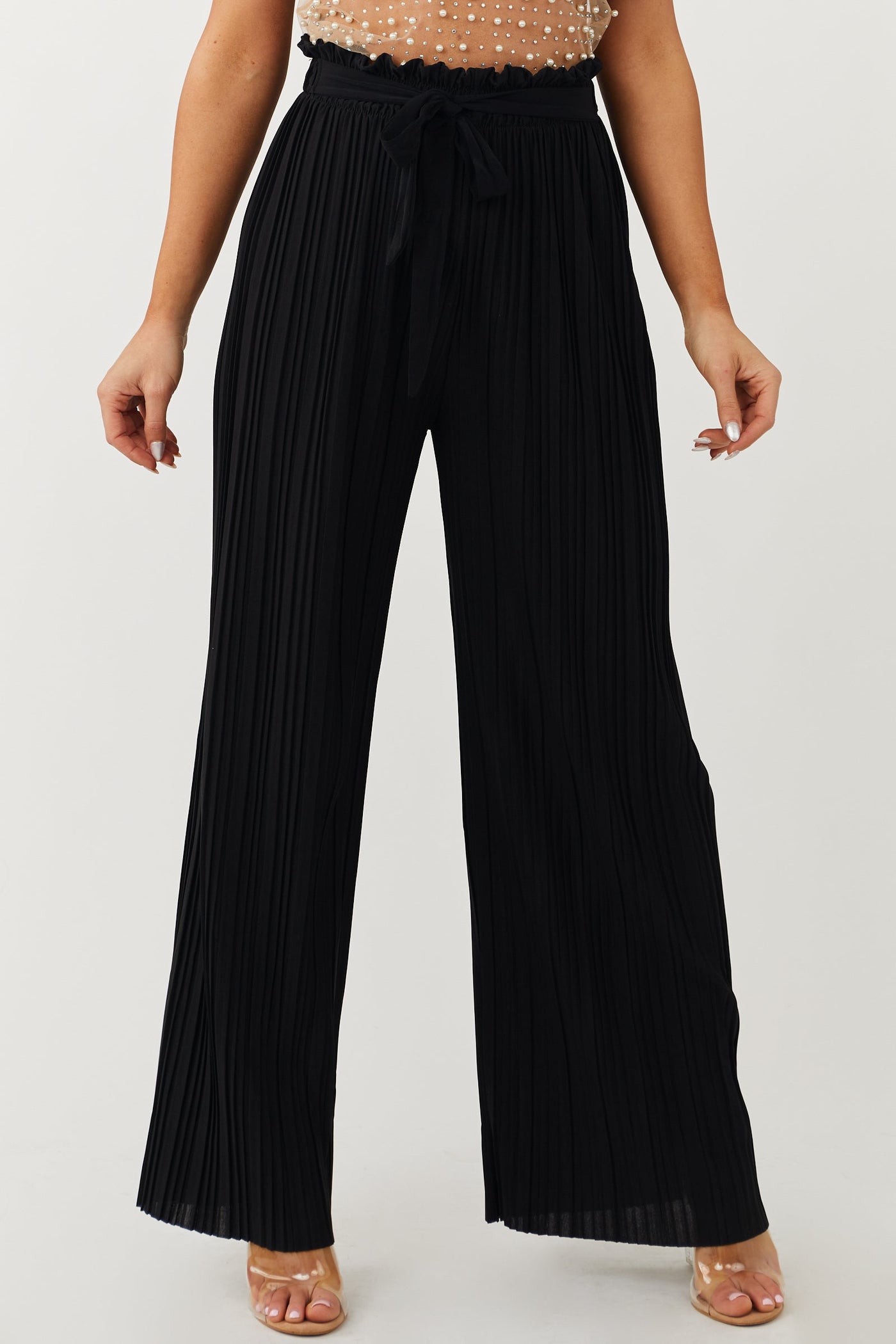 Black Pleated Wide Leg Waist Tie Pants