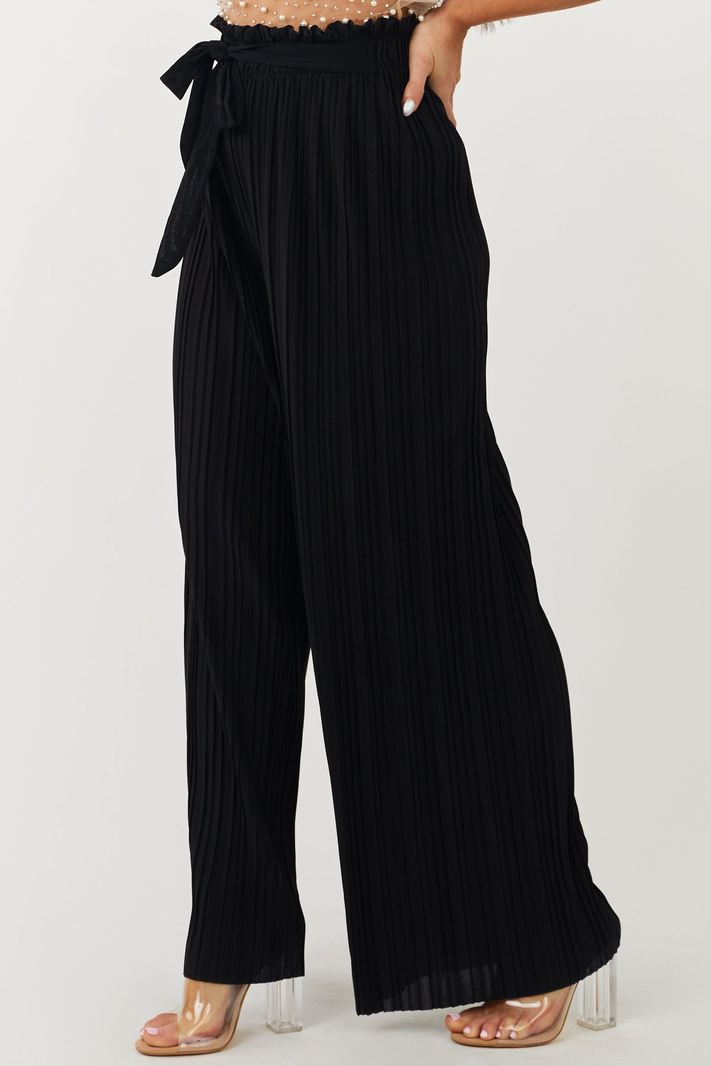 Black Pleated Wide Leg Waist Tie Pants