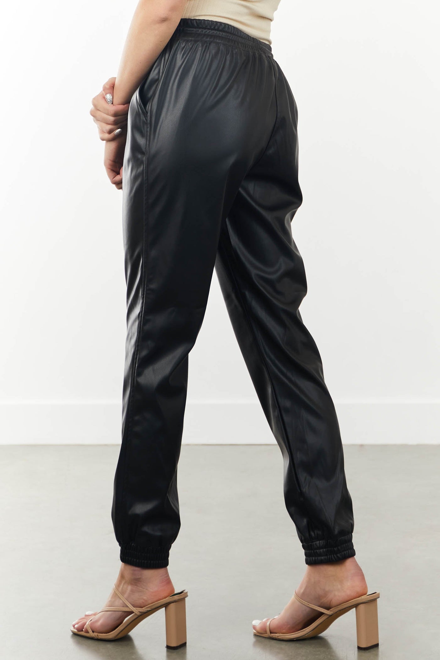 Black Pleather Drawstring Waist Jogger Pants