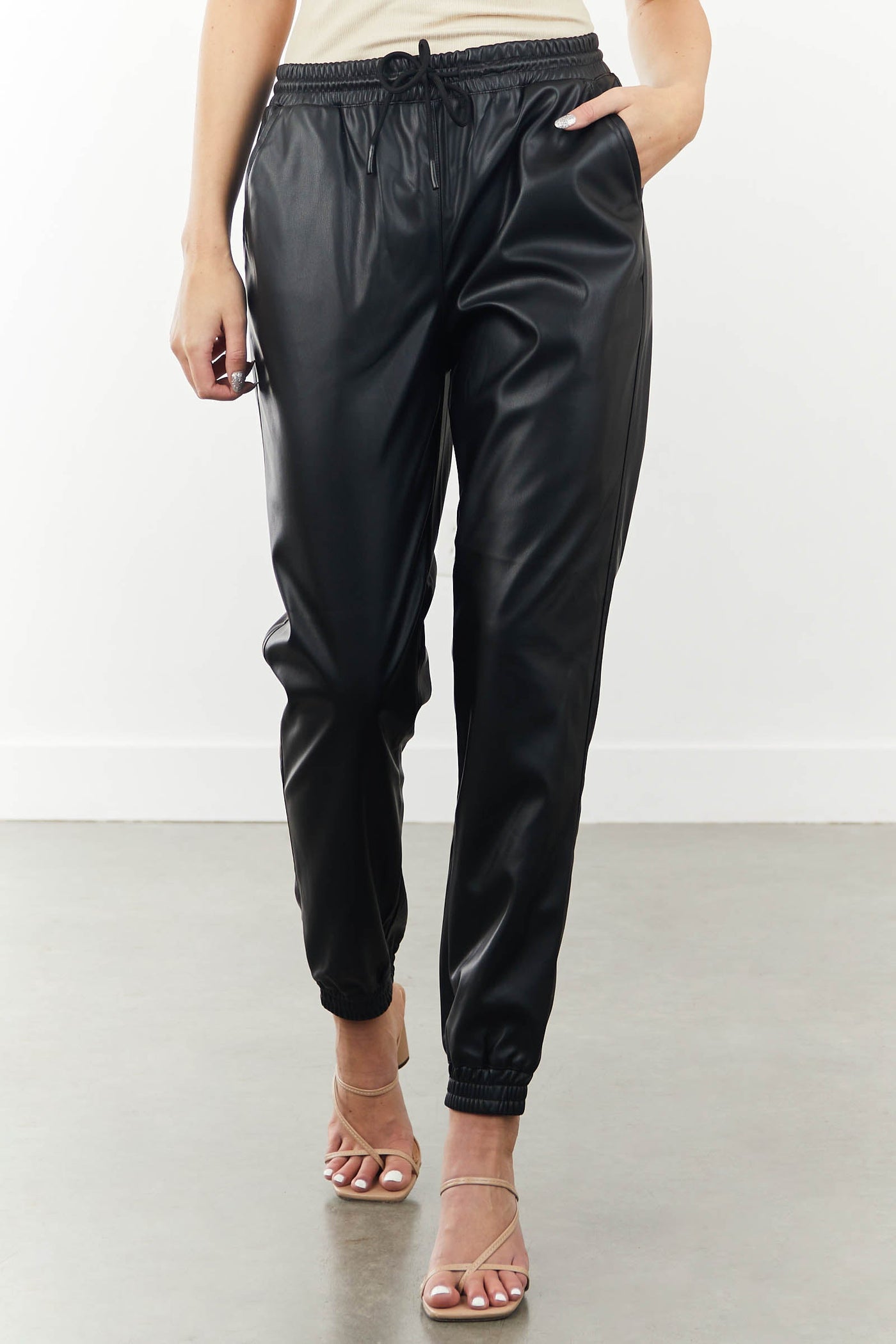 Black Pleather Drawstring Waist Jogger Pants
