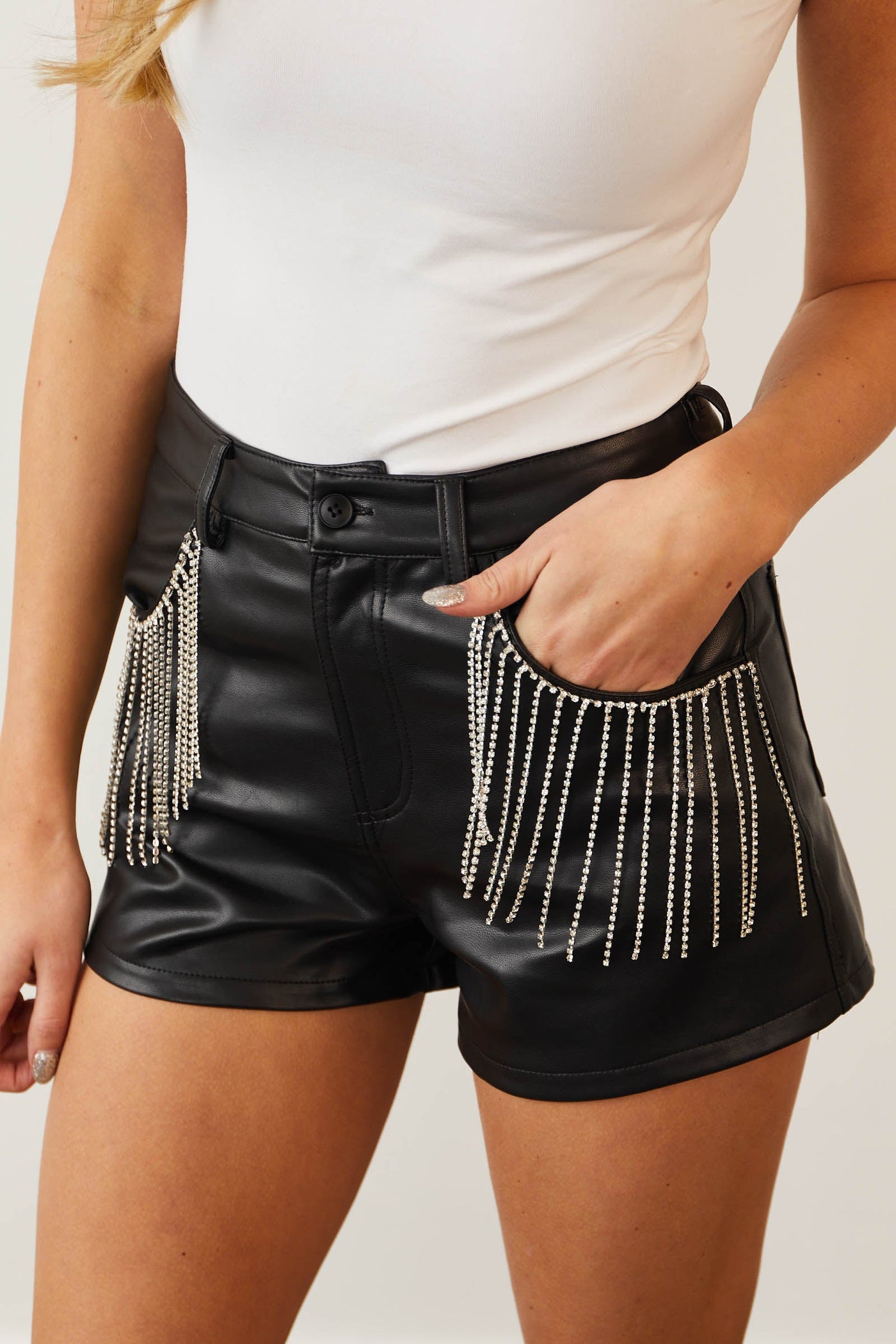Black Pleather Rhinestone Fringe Pocket Shorts