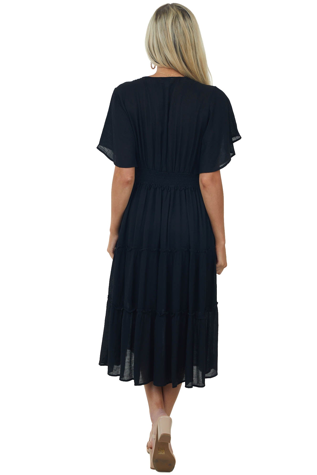 Black Plunge Neck Tiered Midi Dress