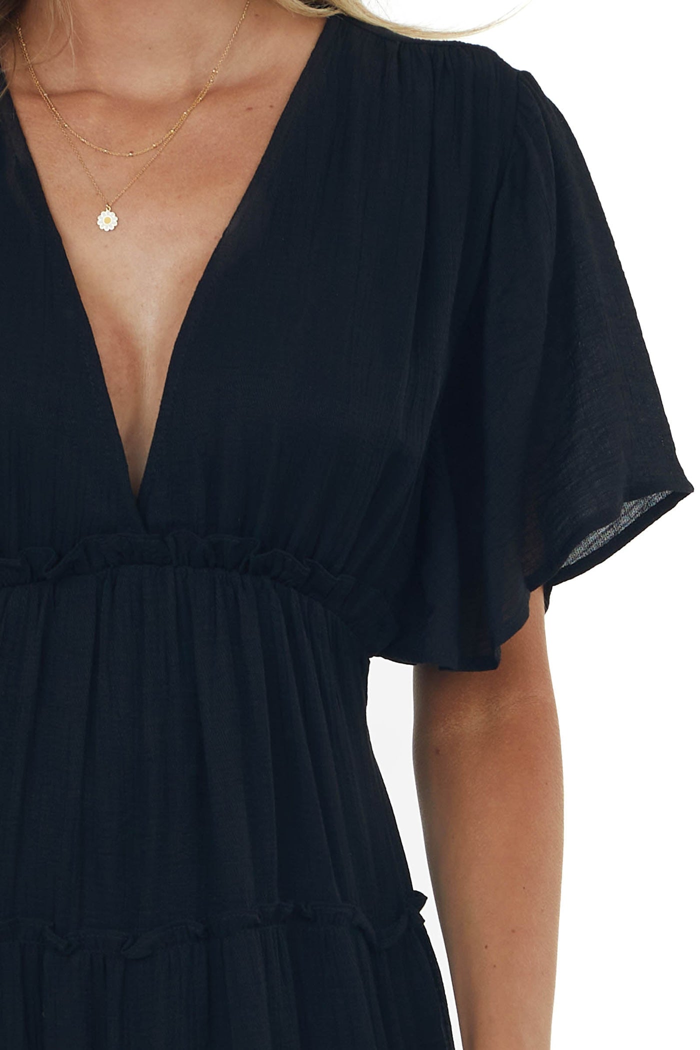 Black Plunge Neck Tiered Midi Dress