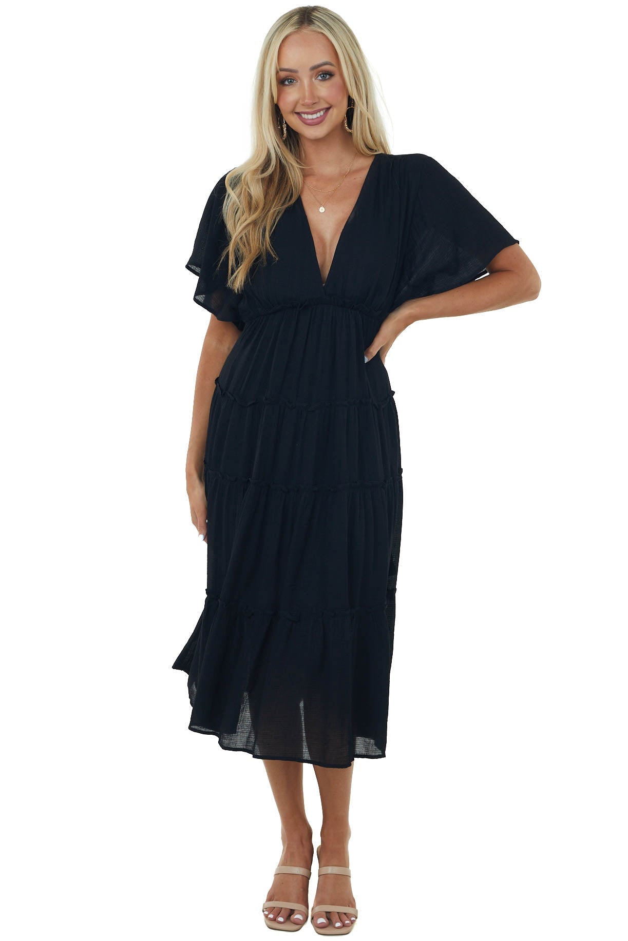Black Plunge Neck Tiered Midi Dress