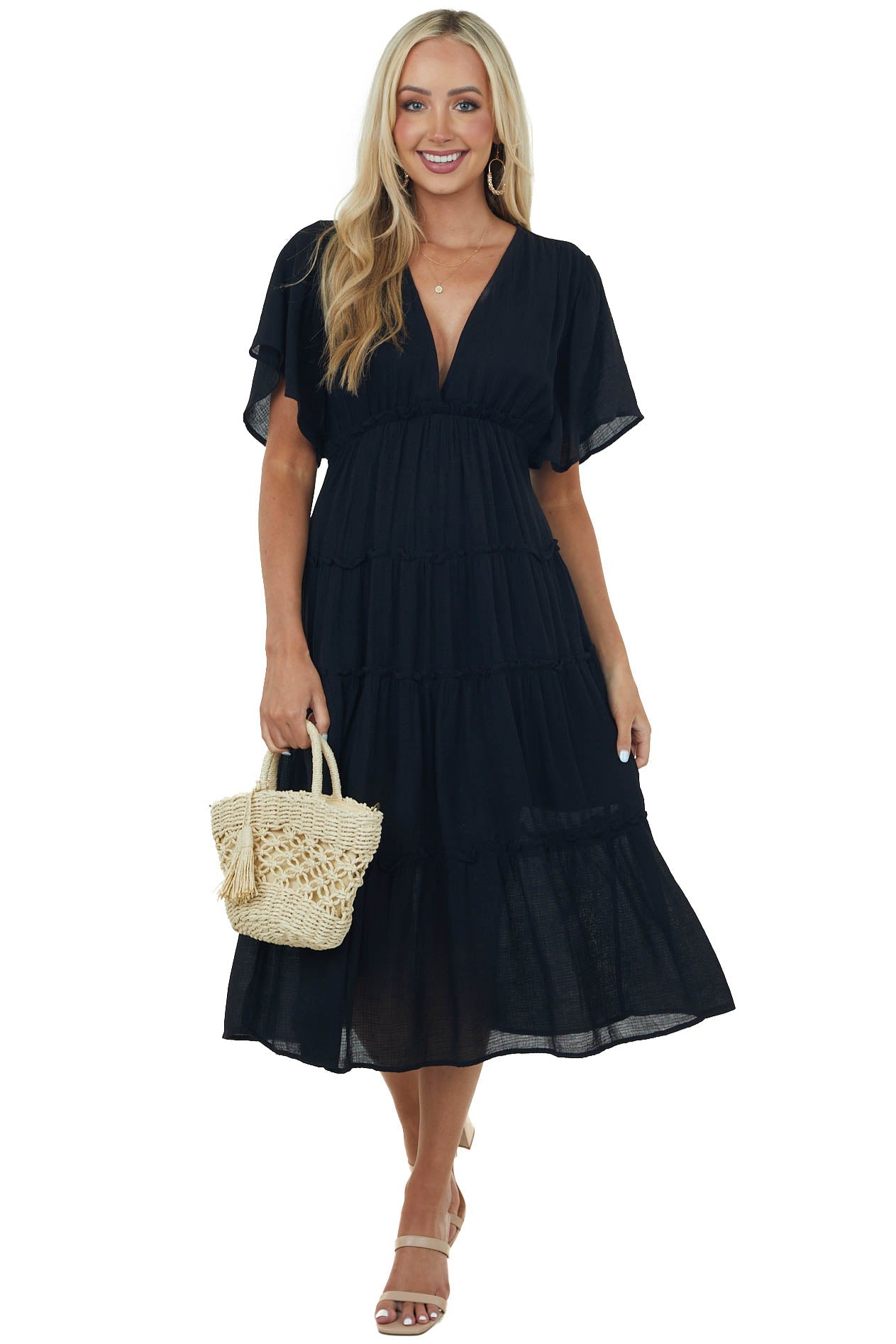 Black Plunge Neck Tiered Midi Dress