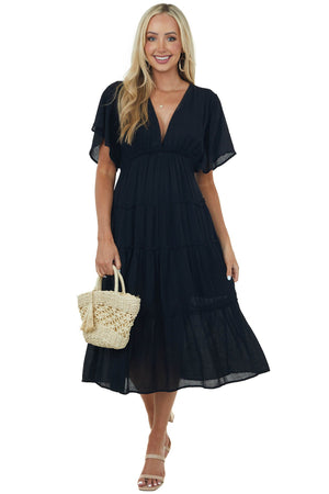 Black Plunge Neck Tiered Midi Dress