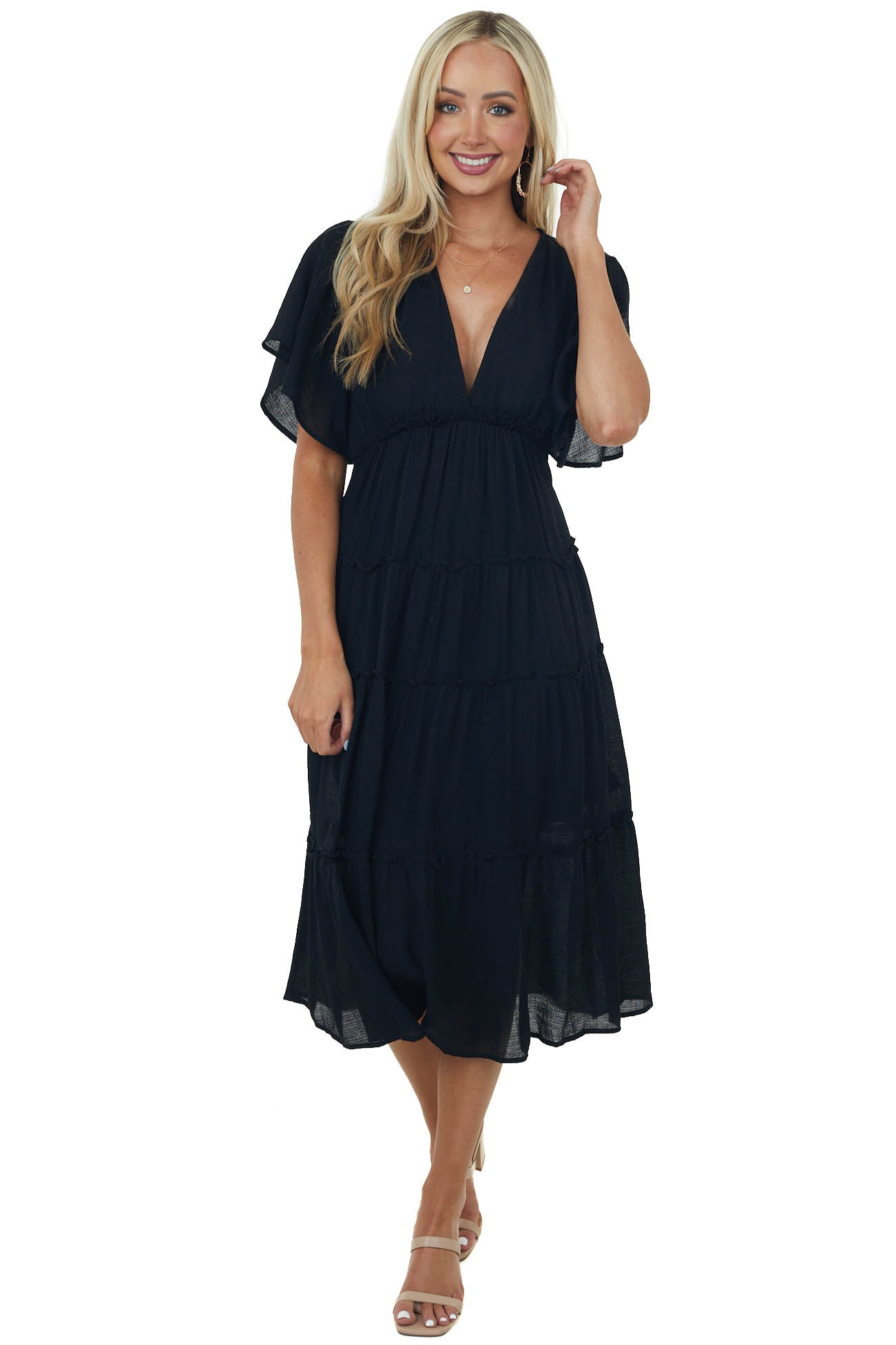 Black Plunge Neck Tiered Midi Dress