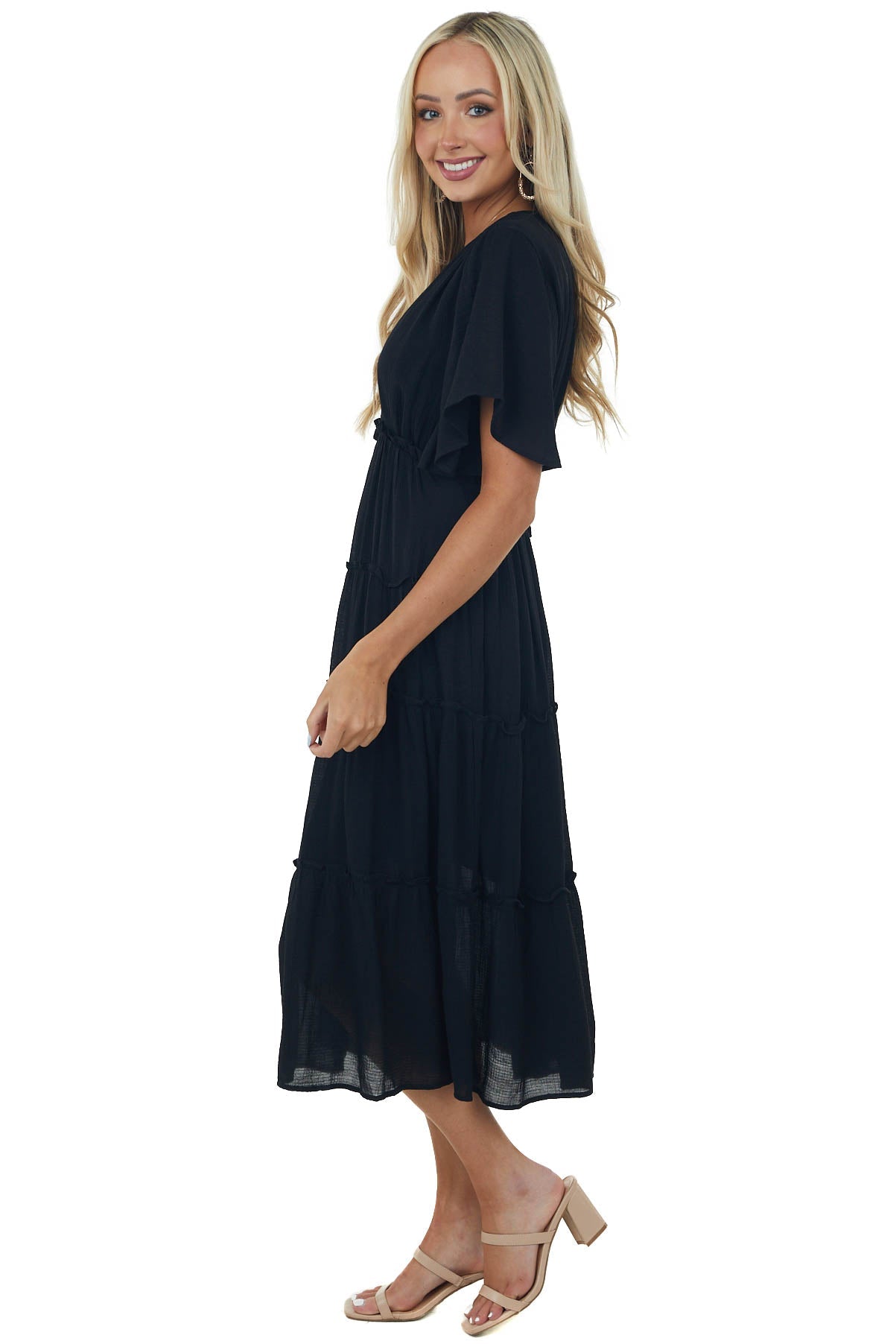 Black Plunge Neck Tiered Midi Dress