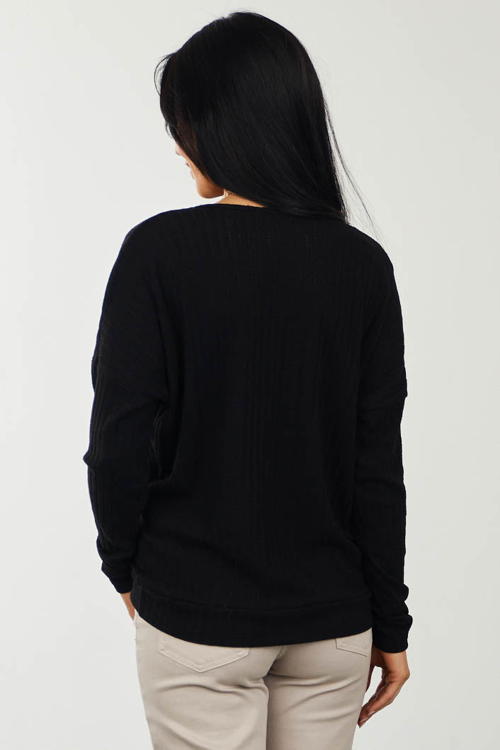 Black Pointelle Cowl Neck Long Sleeve Knit Top