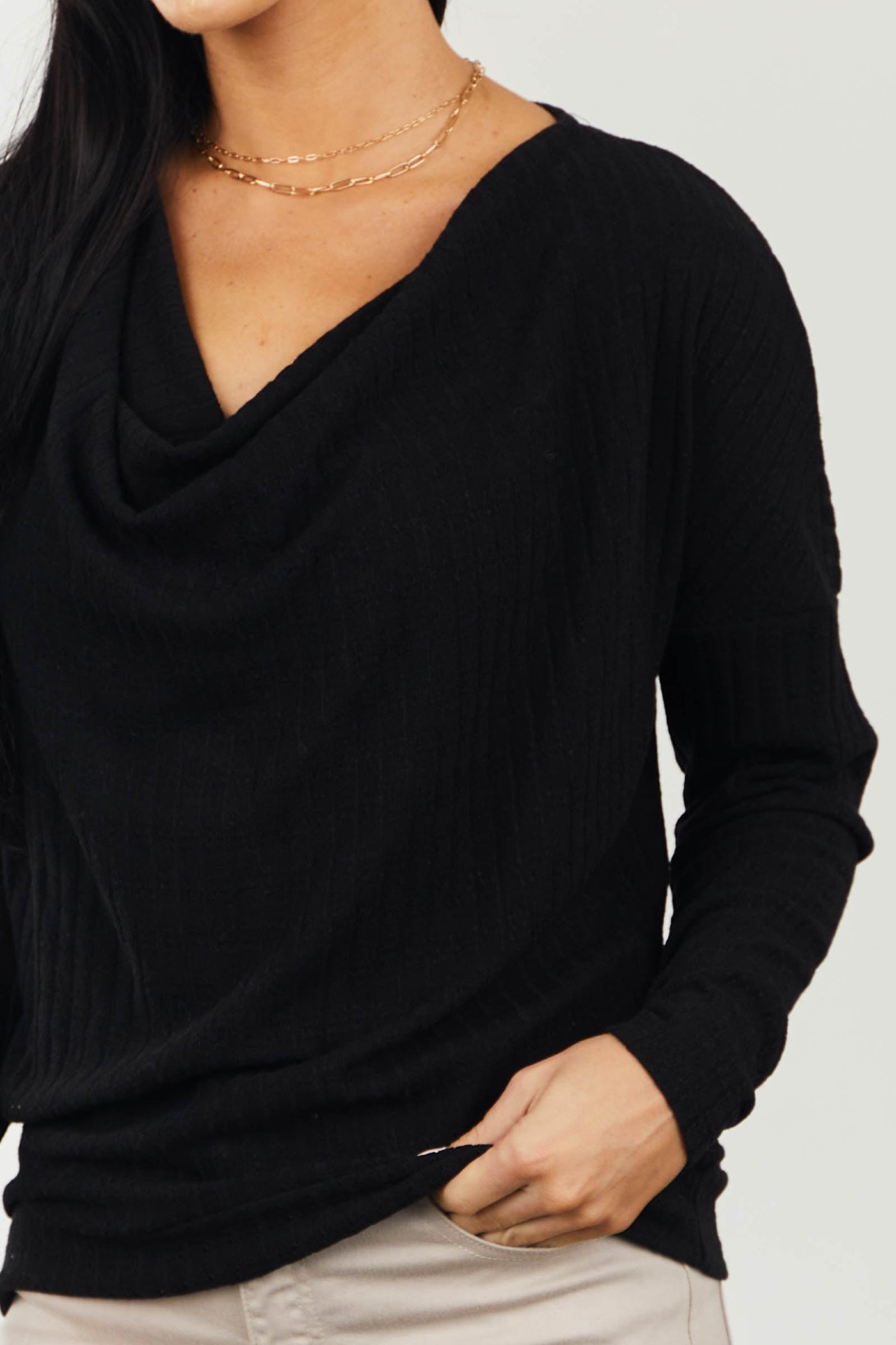 Black Pointelle Cowl Neck Long Sleeve Knit Top