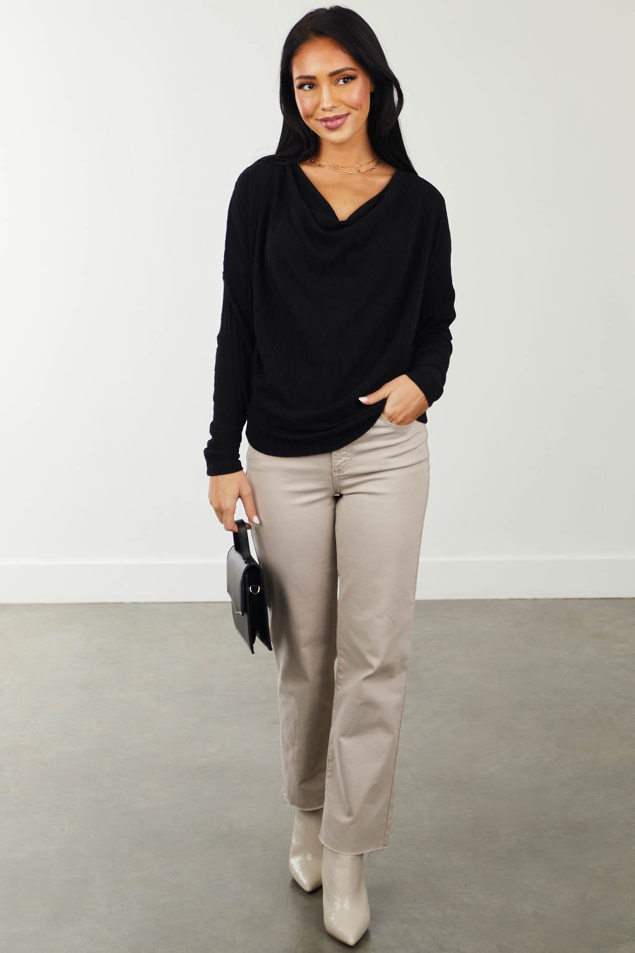 Black Pointelle Cowl Neck Long Sleeve Knit Top