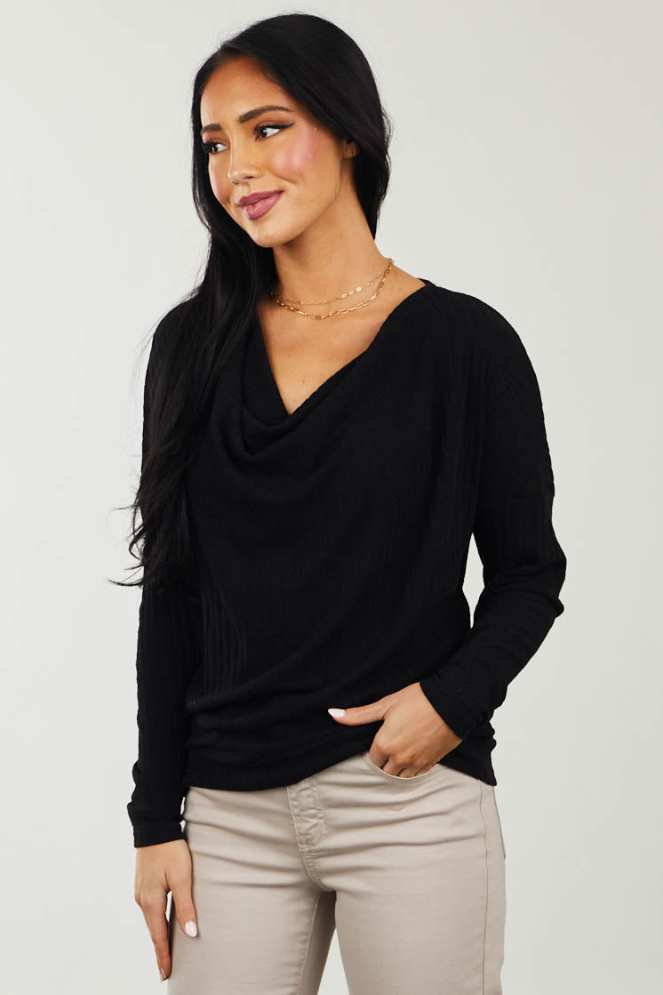 Black Pointelle Cowl Neck Long Sleeve Knit Top