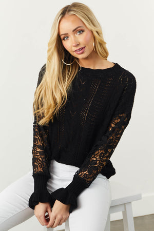 Black Pointelle Sweater with Crochet Sleeves