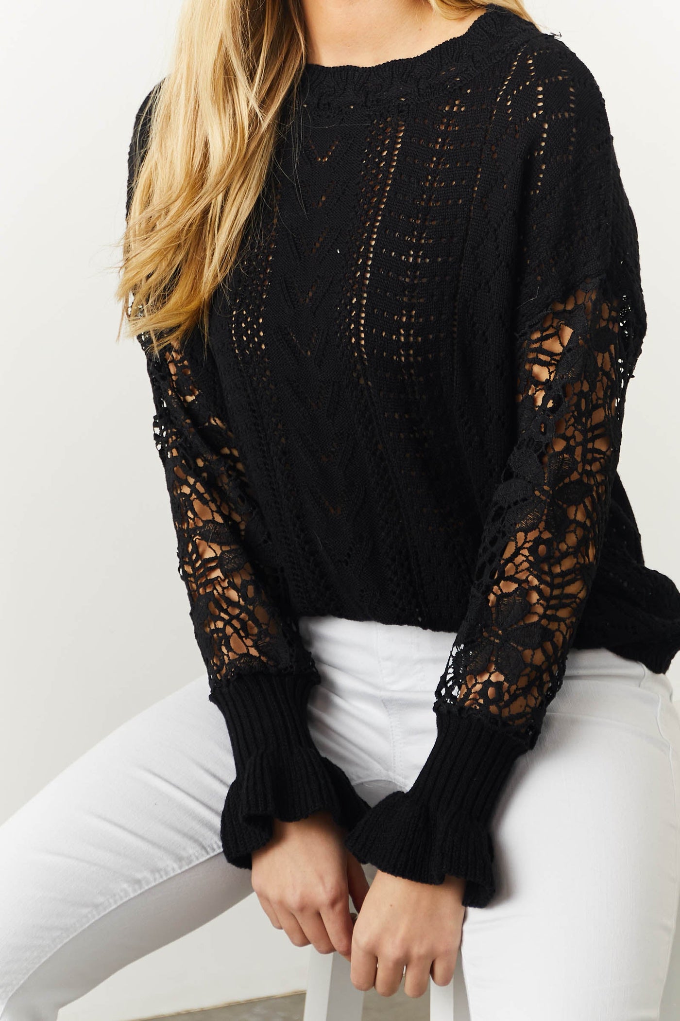Black Pointelle Sweater with Crochet Sleeves