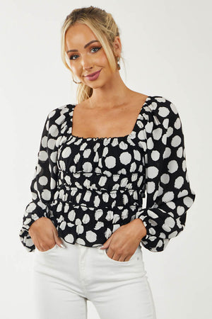 Black Polka Dot Smocked Puff Sleeve Bodysuit