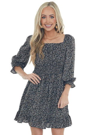 Black Printed Long Bubble Sleeve Short Dress