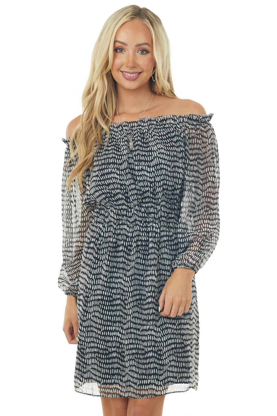 Black Printed Off Shoulder Short Dress