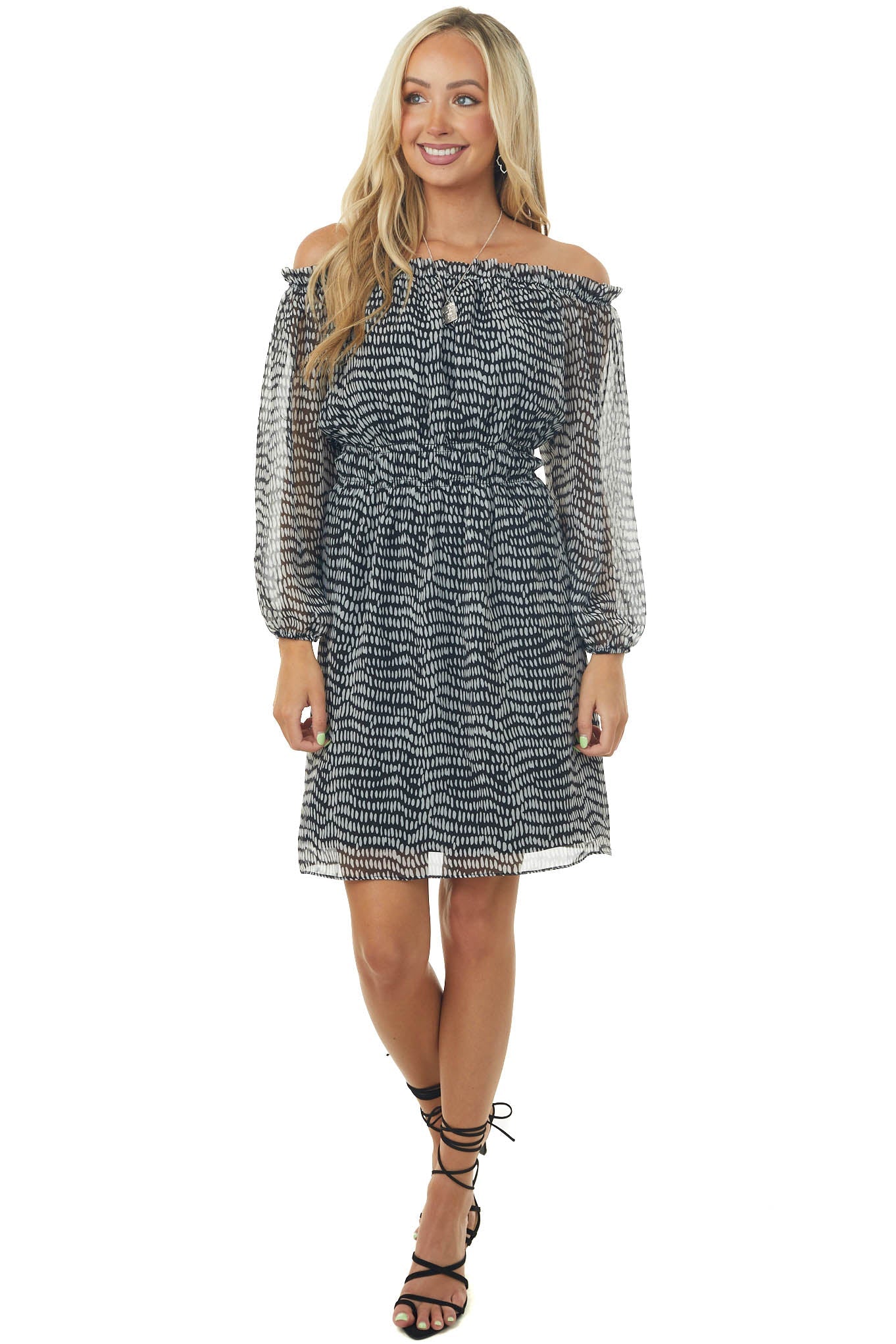 Black Printed Off Shoulder Short Dress