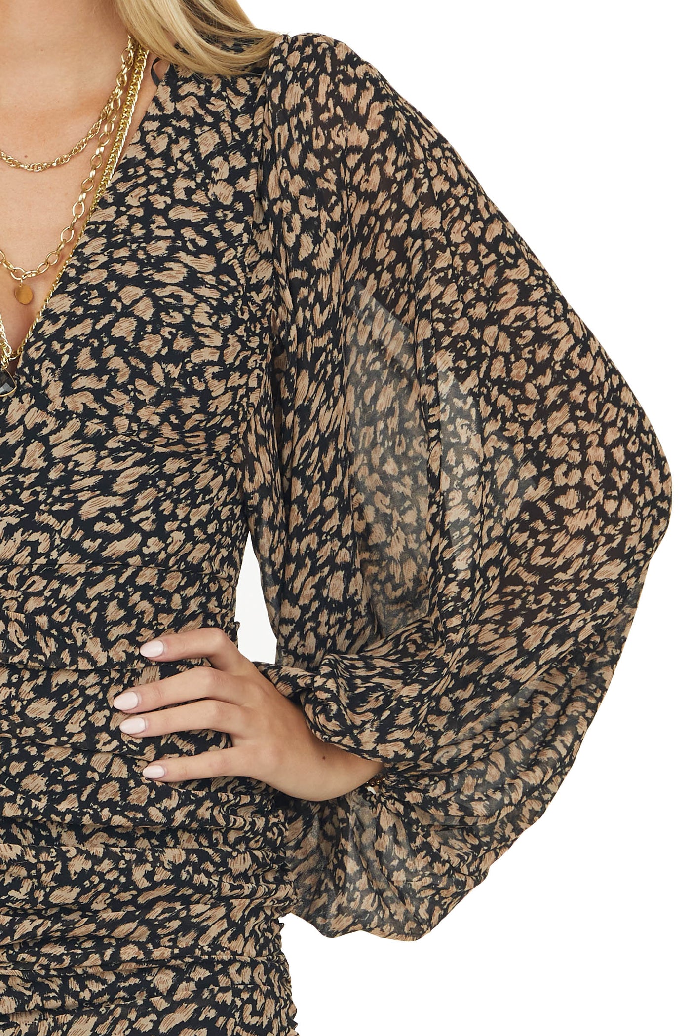 Black Printed Ruched Long Sleeve Mini Dress