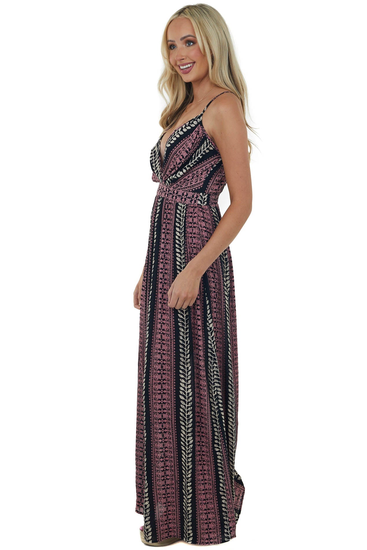 Black Printed Surplice V Neck Woven Maxi Dress
