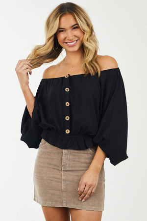Black Puff Sleeve Elastic Button Front Blouse