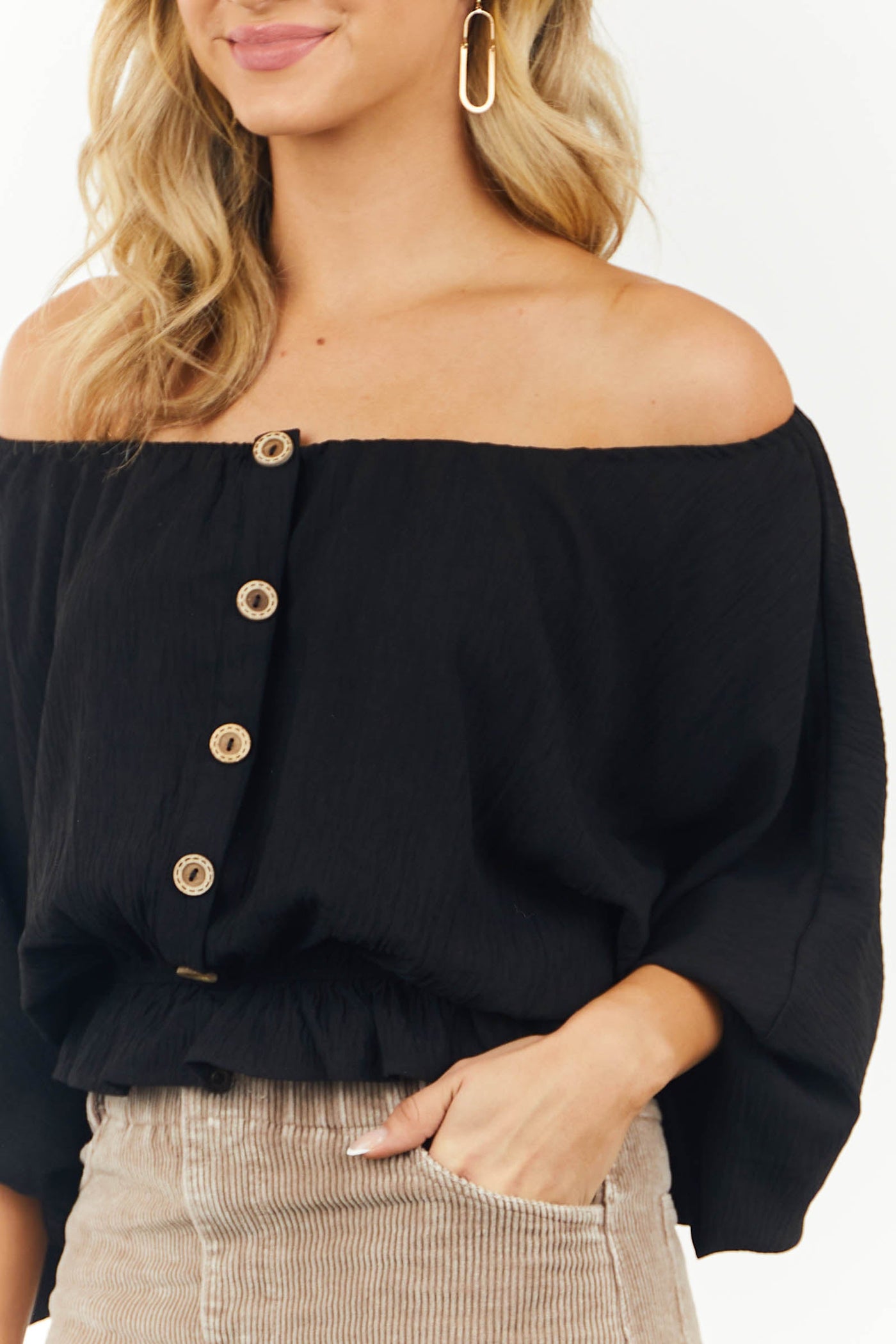 Black Puff Sleeve Elastic Button Front Blouse