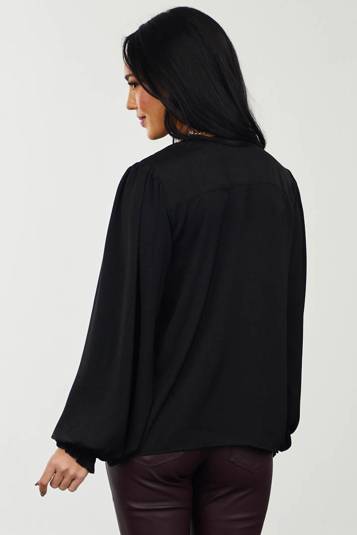 Black Puff Sleeve Notch Neck Woven Top