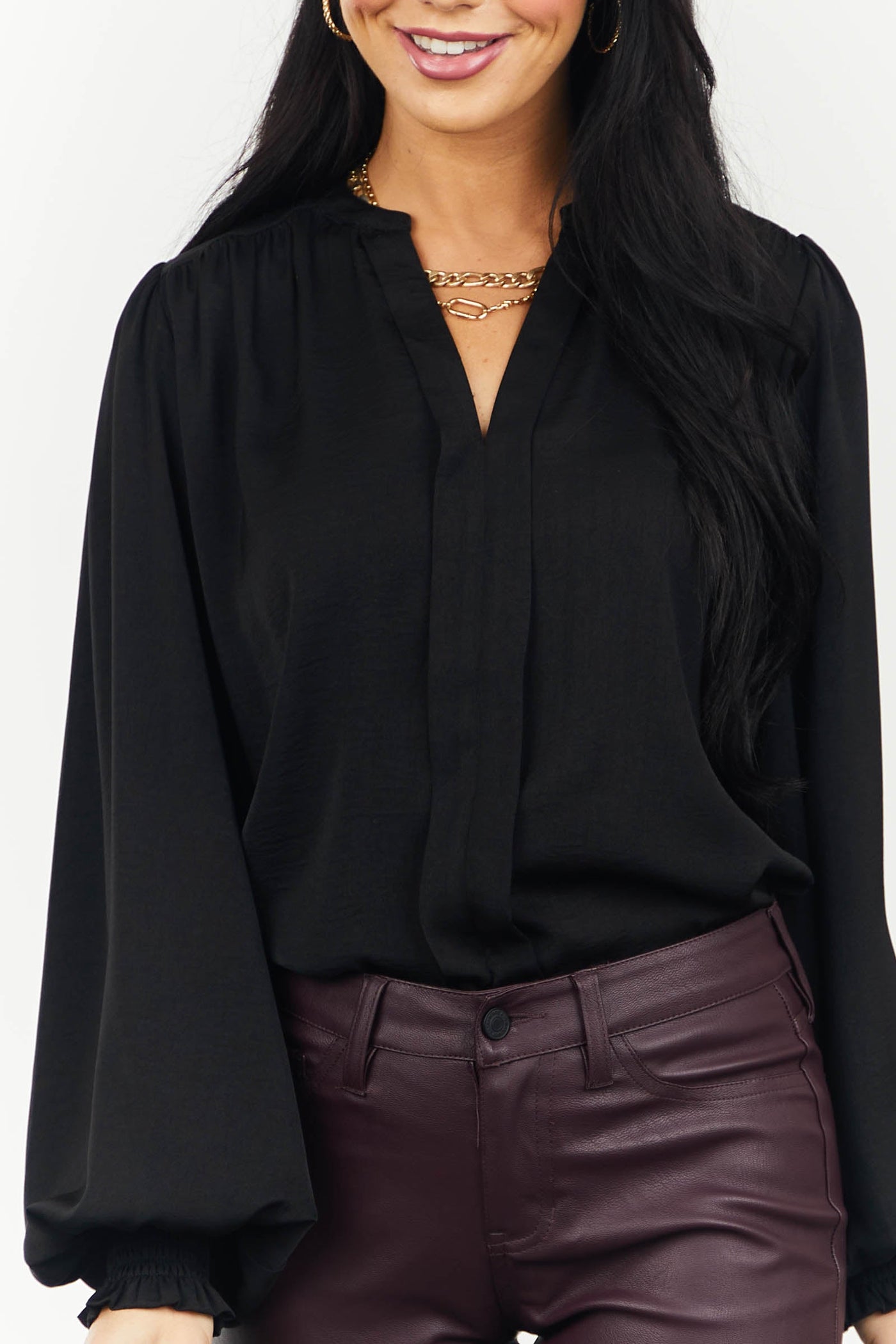 Black Puff Sleeve Notch Neck Woven Top