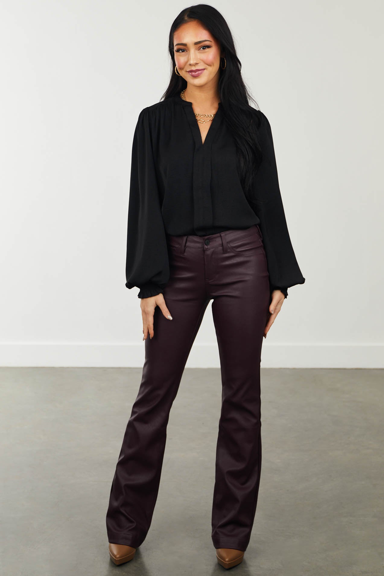 Black Puff Sleeve Notch Neck Woven Top