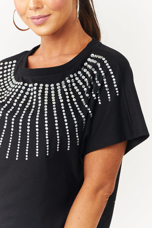 Black Rhinestone Embellished Knit Top
