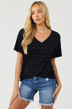 Black Rhinestone Front V Neck Knit Top