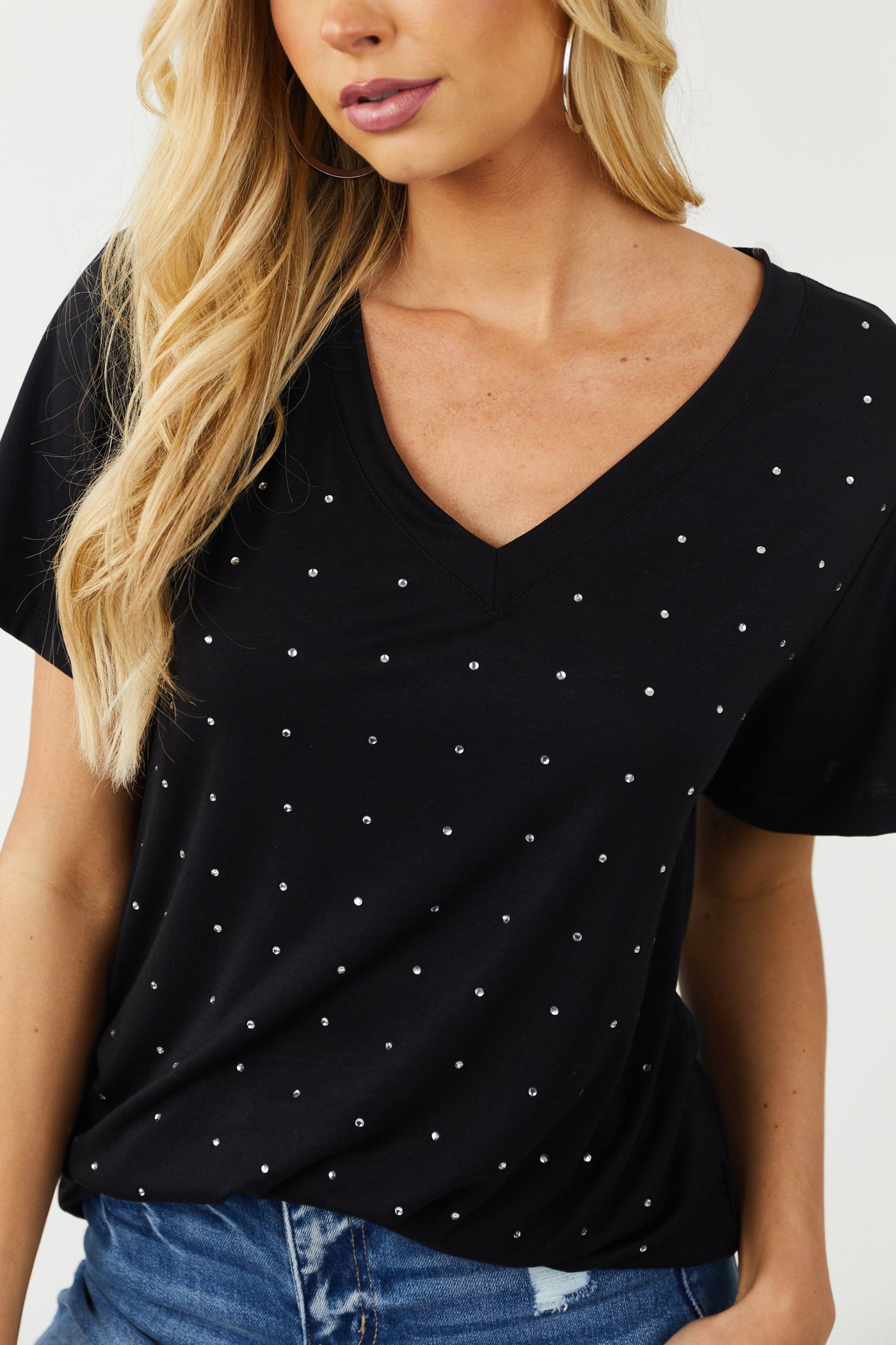 Black Rhinestone Front V Neck Knit Top