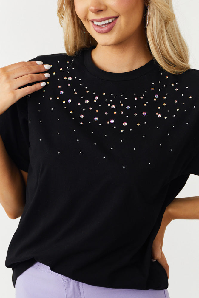 Black Rhinestone Studded Short Sleeve Top