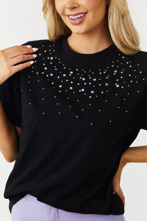 Black Rhinestone Studded Short Sleeve Top