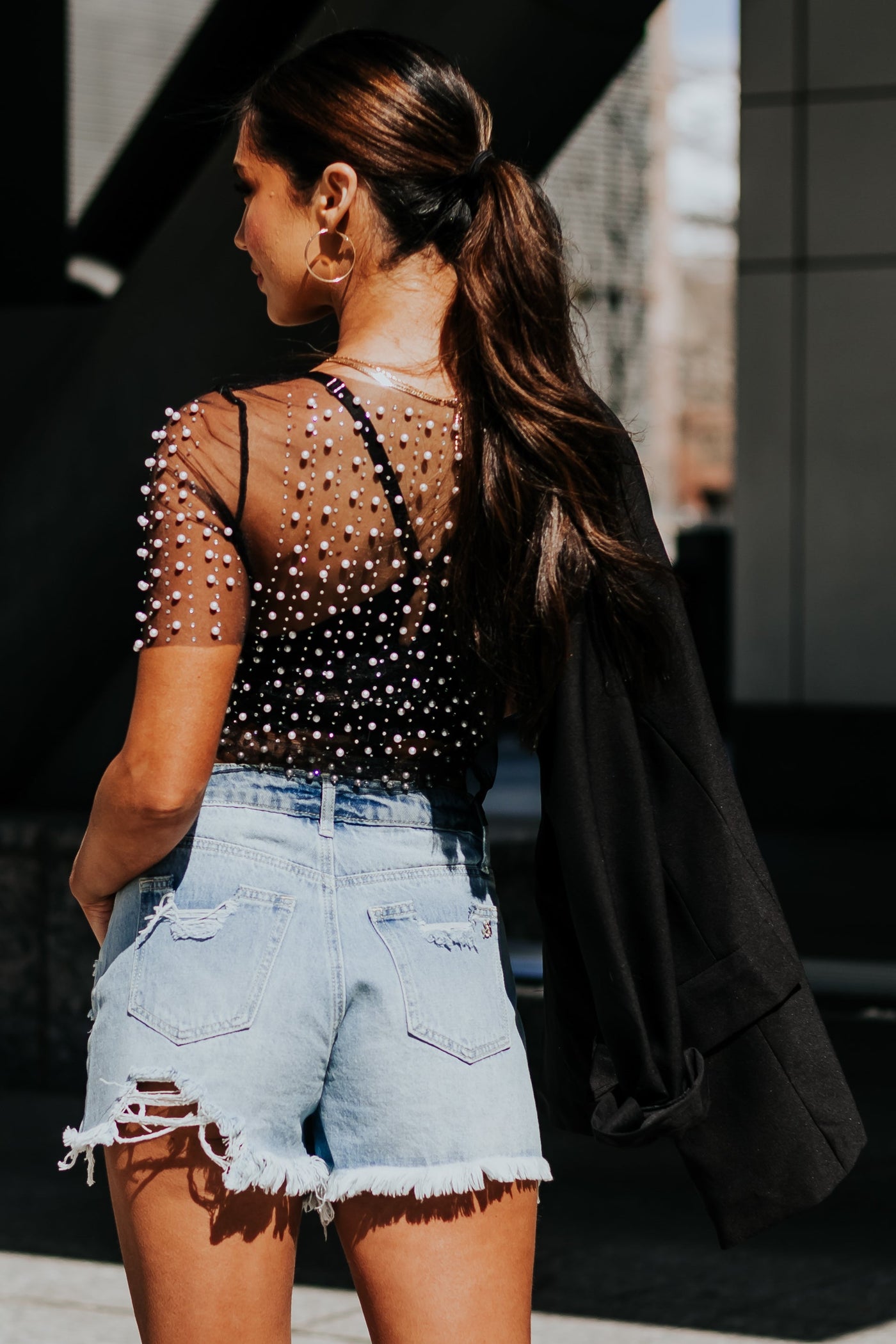 Black Rhinestone and Pearl Embellished Mesh Top