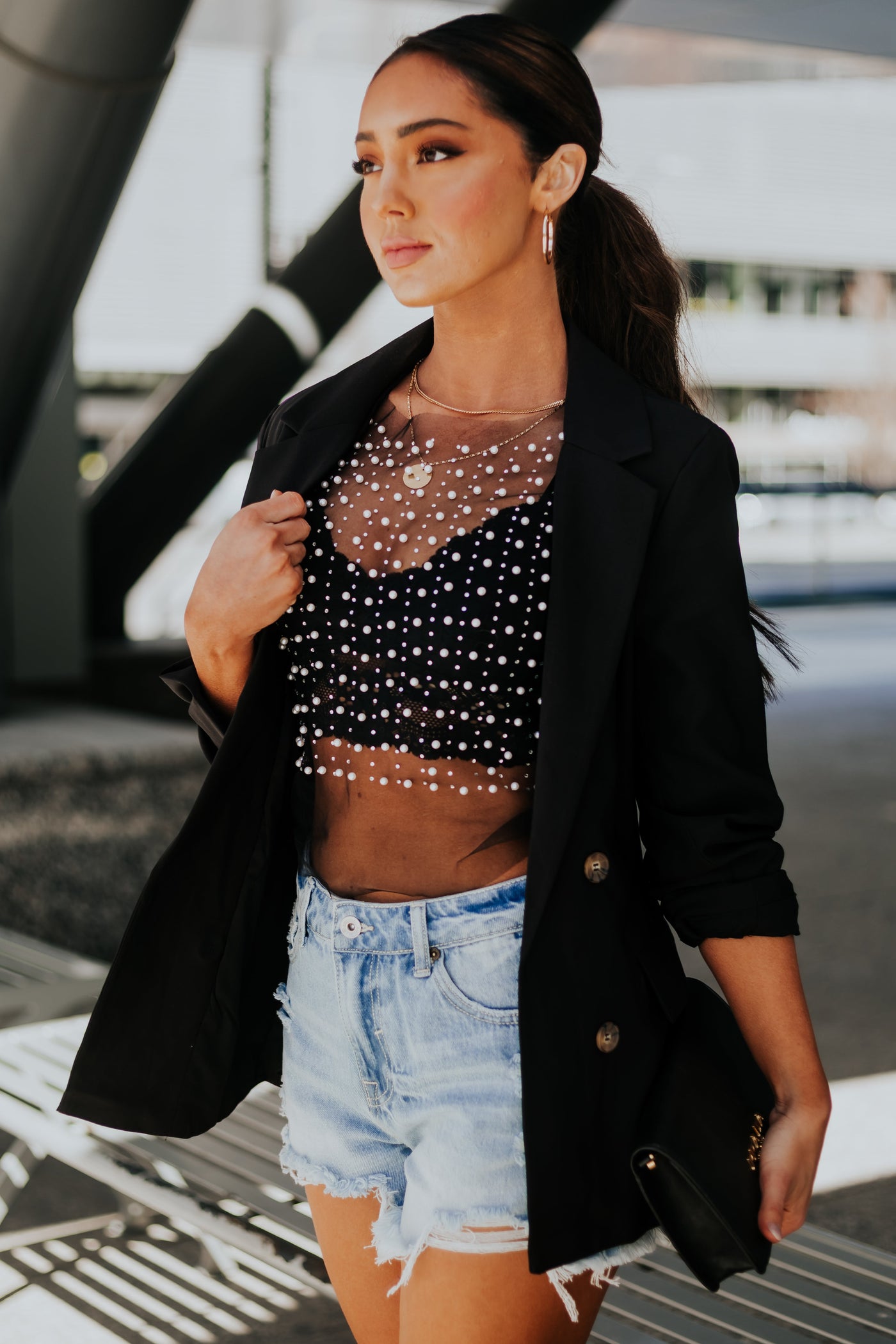 Black Rhinestone and Pearl Embellished Mesh Top