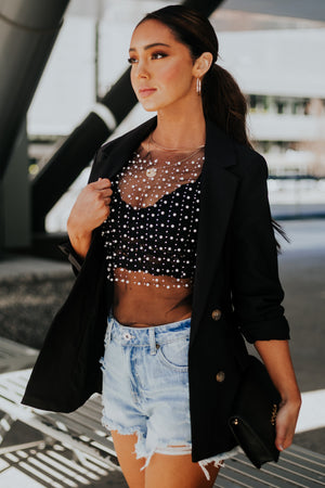 Black Rhinestone and Pearl Embellished Mesh Top