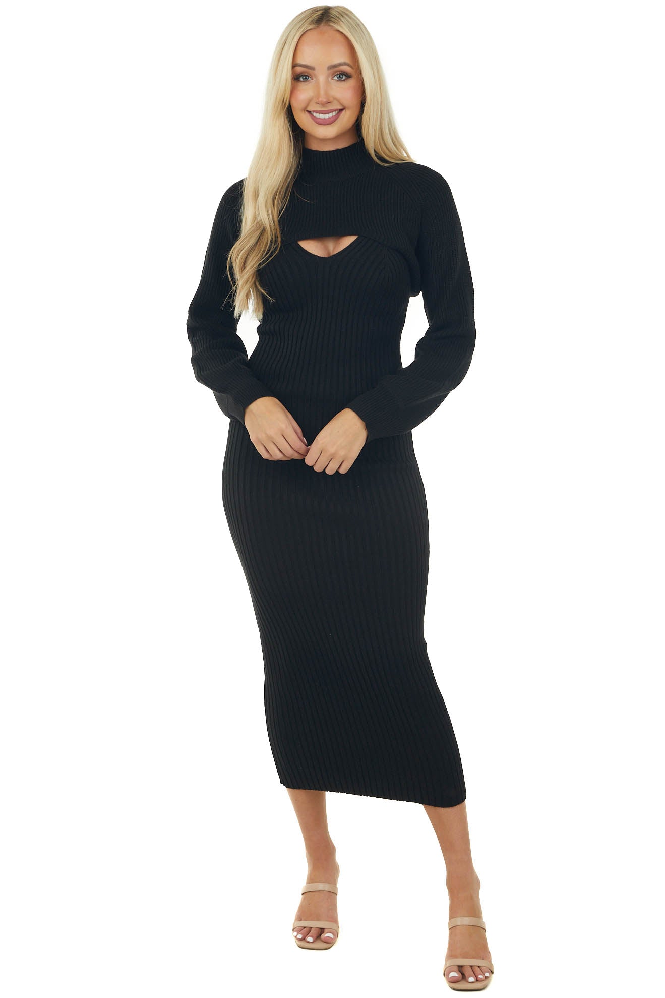 Black Ribbed Bodycon Dress and Cropped Bolero Set
