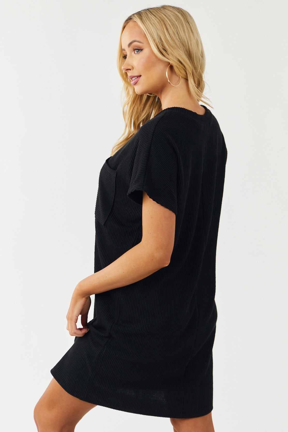 Black Ribbed Chest Pocket Tee Shirt Dress